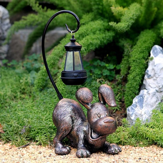 Laughing Dog Figurine with Solar-Powered LED Light 15.9 Inch Tall Antique Bronze, Perfect for Gift Garden Decor or Housewarming for Dog Lovers