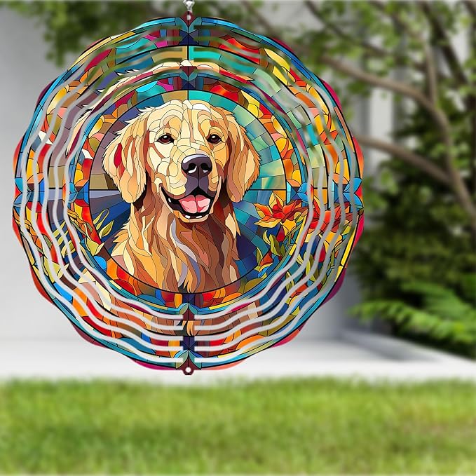 Golden Retriever Wind Spinner Pet Dog Memorial Gifts, Vibrant 3D Kinetic Aluminum Metal Hanging Outdoor Garden Decor, Loss of Dogs Sympathy Gifts, 8" Wind Sculptures for Patio, Porch Yard Art (GR5)