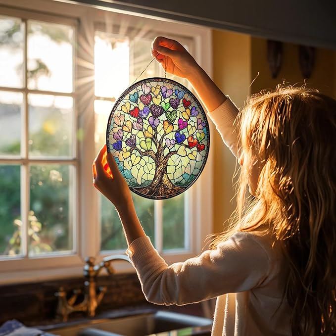 Tree of Life Stained Glass Suncatcher for Windows Hanging Home Decor Gifts for Women, Men, Thanksgiving for Mom Grandma, Wall Art Indoor & Garden Outdoor Decorations