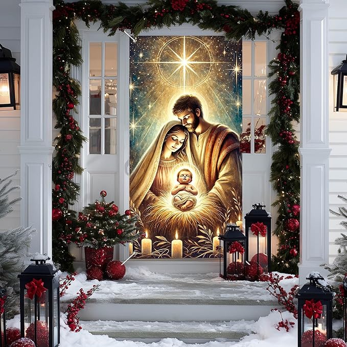 IVN Christmas Door Cover Decoration 71 x 35 in Holiday Banner Glowing Nativity Scene with Radiant Infant and Holy Family Photo Backdrop Indoor Outdoor for Front Door Party Decorations