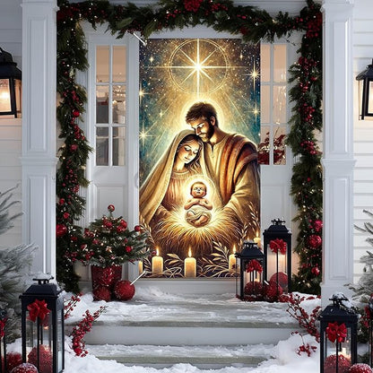 IVN Christmas Door Cover Decoration 71 x 35 in Holiday Banner Glowing Nativity Scene with Radiant Infant and Holy Family Photo Backdrop Indoor Outdoor for Front Door Party Decorations
