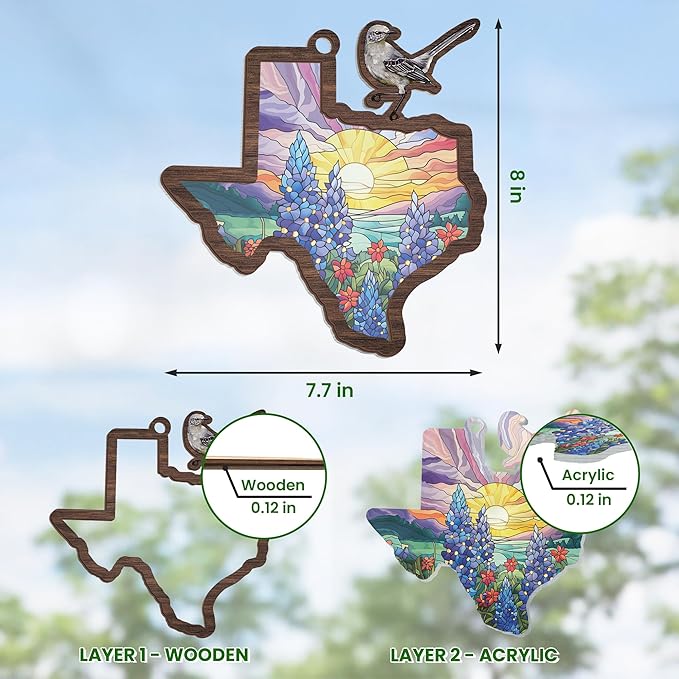 FLAGWIX Texas Suncatchers Decorations - Double Layered Window Suncatcher Hanging Ornament 8 in - Texas Western Gifts for Women Men, Mockingbird Sun Catchers Indoor Garden Decor, Gifts for Texans