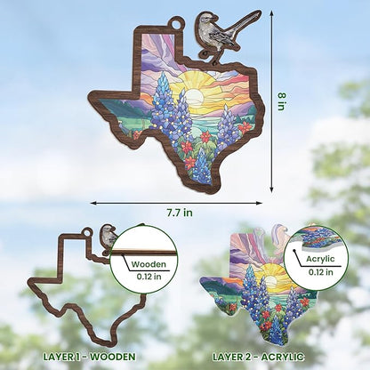 FLAGWIX Texas Suncatchers Decorations - Double Layered Window Suncatcher Hanging Ornament 8 in - Texas Western Gifts for Women Men, Mockingbird Sun Catchers Indoor Garden Decor, Gifts for Texans