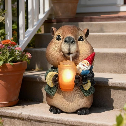 Solar Capybara Garden Gnome Statue,Outdoor Chipmunk Decor with Glowing Cup,Gnomes Figurine for Patio Yard Lawn,Christmas Housewarming Gifts for Mom,Women,Grandma