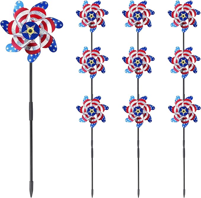 BATTIFE Reflective Pinwheels for Yard and Garden, Pre-Installed Sparkly Blind Birds Pin Wheel, Scare Birds & Animal Away Wind Spinner, 10 Pack (American Flags)