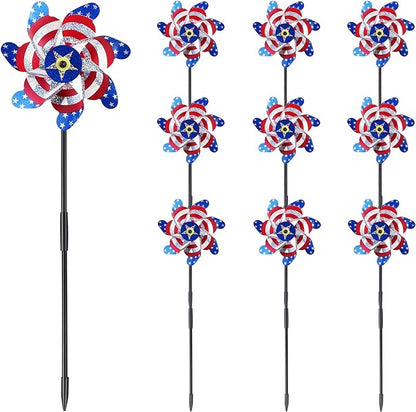 BATTIFE Reflective Pinwheels for Yard and Garden, Pre-Installed Sparkly Blind Birds Pin Wheel, Scare Birds & Animal Away Wind Spinner, 10 Pack (American Flags)