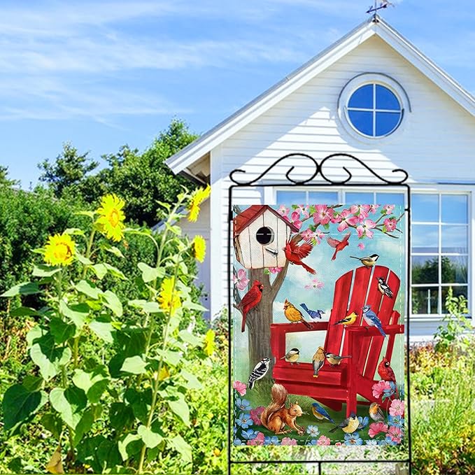 Spring Summer Red Chair Birds Decorative House Flag, Cardinal Blue Jay Squirrel Birdhouse Flowers Garden Yard Outside Decorations, Farmhouse Burlap Outdoor Large Home Decor Double Sided 28 x 40