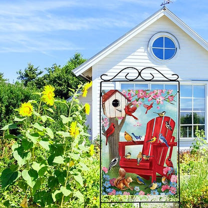 Spring Summer Red Chair Birds Decorative House Flag, Cardinal Blue Jay Squirrel Birdhouse Flowers Garden Yard Outside Decorations, Farmhouse Burlap Outdoor Large Home Decor Double Sided 28 x 40