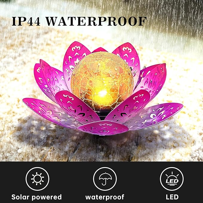 2 Pack Solar Lights Outdoor Garden 6.3 " Glass Lotus Lamp Waterproof LED Metal Flower Lights Outdoor Garden Table Decor for Outside Balcony, Patio, Deck, Porch, Walkway