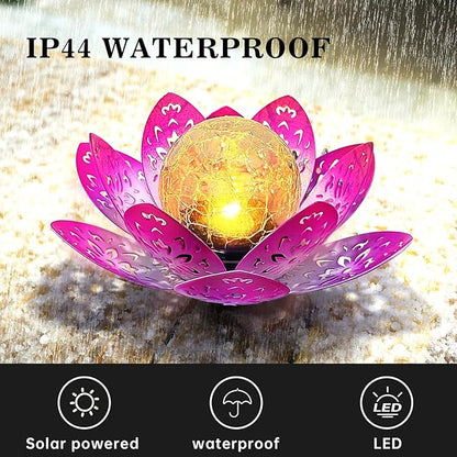 2 Pack Solar Lights Outdoor Garden 6.3 " Glass Lotus Lamp Waterproof LED Metal Flower Lights Outdoor Garden Table Decor for Outside Balcony, Patio, Deck, Porch, Walkway