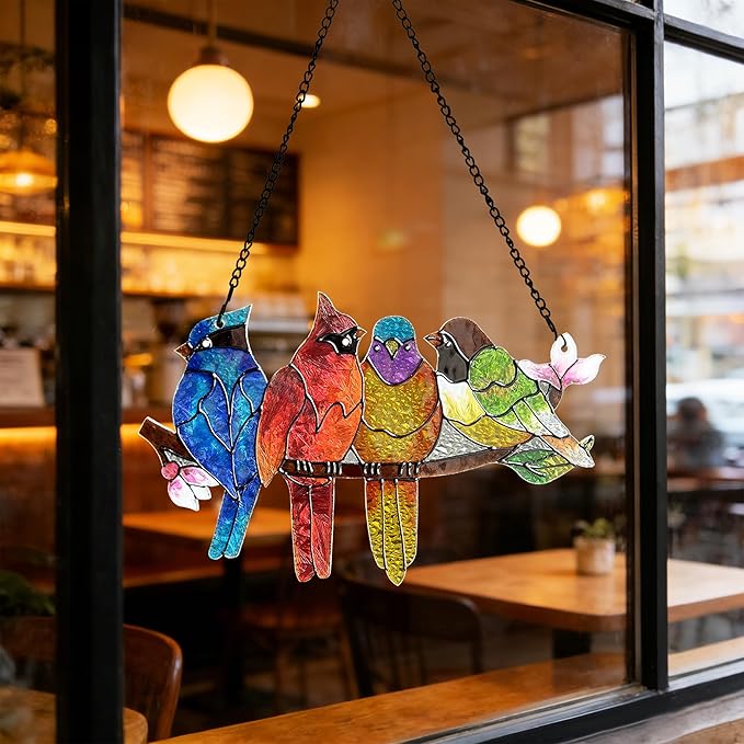 DASTOLL Stained Glass Window Hanging - Birds on A Branch Suncatcher for Window Doors Home Decoration, Valentine's Day Mother's Day Birthday Bird Lover Gifts for Women, Men, and Mom Grandma