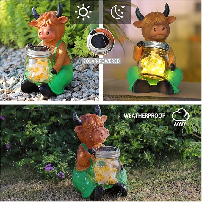 Solar Firefly Jar Highland Cow Waterproof - Garden Highland Cow Solar Outdoor LED Lights Resin Statues Lantern Figurines Decorations Birthday Housewarming Gifts for Mom Women