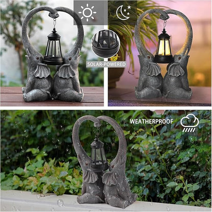 Elephant Statue Garden Decor with LED Solar Lights-Set of 2 Good Luck Elephant Outdoor Statue Christmas Decorations for Yard Patio Porch Home for Women Mom Grandma