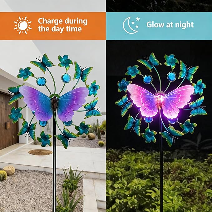 46" Butterfly Solar Outdoor Windmill Led Garden Wind Spinner, Sapphire Kinetic Wind Spinner Outdoor Decor, Wind Sculpture Yard Art for Patio, Lawn & Garden