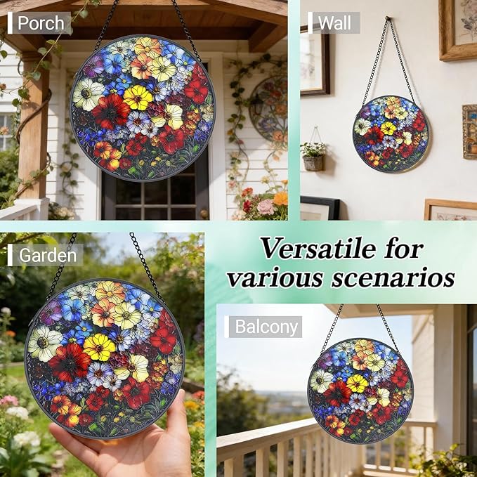 Stained Glass Window Hanging - 6.3 Inch Colorful Wildflowers Plant Gifts for Women, Flower Suncatcher for Window Home Door Wall Garden Outdoor Decor for Adults Men Mom Wife