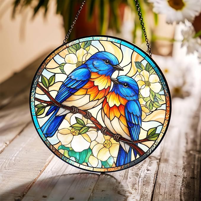 7.8" Bluebird Suncatcher Stained Glass Window Hanging Blue Bird Sun Catchers Birds Lover Ornament Wall Home Room Door Garden Decor Birthday for Nature Lovers Women Mom