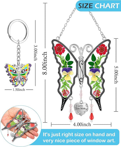 KY&BOSAM Gifts for Mom I Love You Mom Butterfly Suncatcher Stained Glass Window Hanging Wind Chime with Pressed Real Flowers Purple Butterfly Mother Gift for Women Mothers Day Christmas Birthday Decor