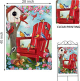 Spring Summer Red Chair Birds Decorative House Flag, Cardinal Blue Jay Squirrel Birdhouse Flowers Garden Yard Outside Decorations, Farmhouse Burlap Outdoor Large Home Decor Double Sided 28 x 40