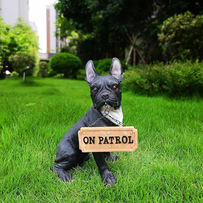 Frenchie Chic Entry Accent with Solar Lantern & Double-Sided Sign, Sitting Black French Bulldog Statue for Porch Seating, Hallway & Patio