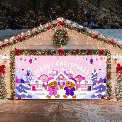 HOMETITUTE Christmas Garage Door Banner 13x6ft Pink House Gingerbread Man Backdrop with Purple Xmas Trees Snowflakes Star Lights Merry Xmas Sign Outdoor Yard Decoration