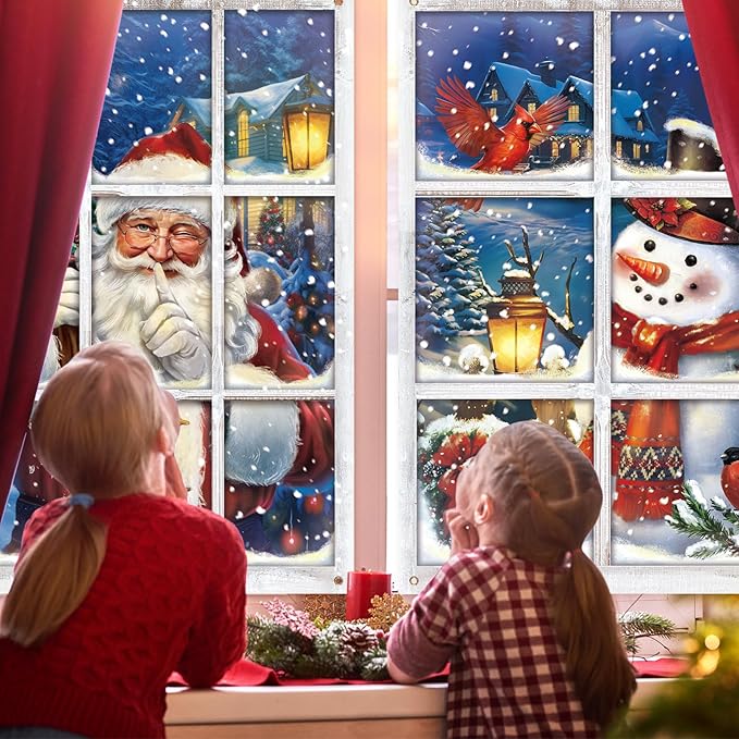 Preboun 2 Pcs Christmas Curtain Window Decoration Xmas Window Silhouette Snowflake Cover Christmas Poster for Indoor Outdoor Holiday Party Wall Garage Door Decor (Santa Claus and Snowman)