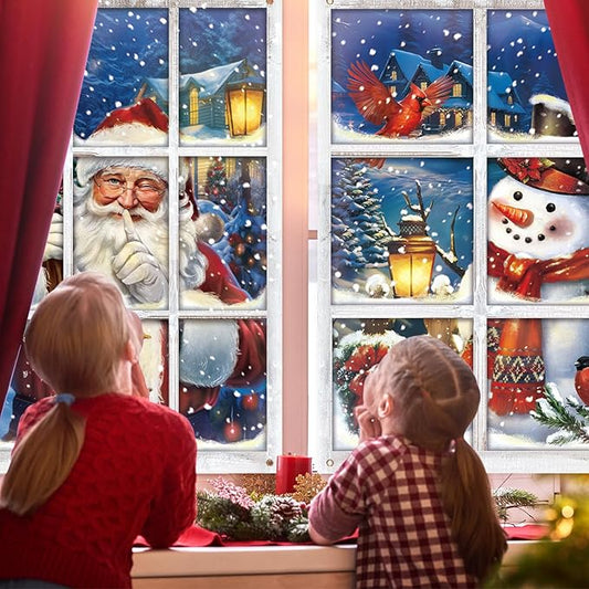 Preboun 2 Pcs Christmas Curtain Window Decoration Xmas Window Silhouette Snowflake Cover Christmas Poster for Indoor Outdoor Holiday Party Wall Garage Door Decor (Santa Claus and Snowman)