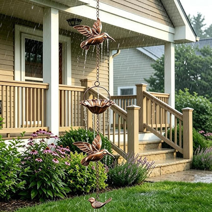 Rain Chain, 8.5 FT Copper Rain Chain for Gutters, Decorative Hummingbird & Lotus Cup Rain Catcher Chain with Weighted Bird, Downspout Alternative for Garden, Patio & Outdoor Drainage