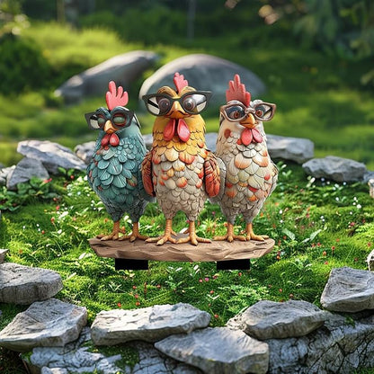 Garden Stake Decor, Acrylic 2D Flat Cute Animal Statue, Fairy Sculptures Ornament Indoor Outdoor Yard Lawn Pot Plant Decorative Accessories (Three Roosters Wearing Glasses)