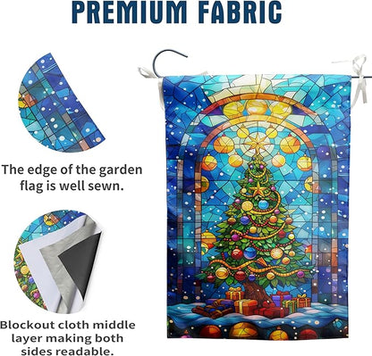 Stained Glass Christmas Tree Garden Flag Merry Xmas House Flags 28x40 Double Sided Welcome New Year Outdoor Flag Happy Holidays Flag Large Winter Yard Flag for Outside Lawn Decor