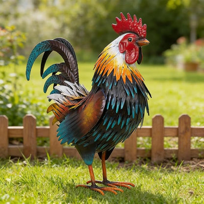 Ratuor Rooster Garden Statue Sculpture Metal Chicken Yard Decor Outdoor Figurines Patio Backyard Decoration (Yellow)