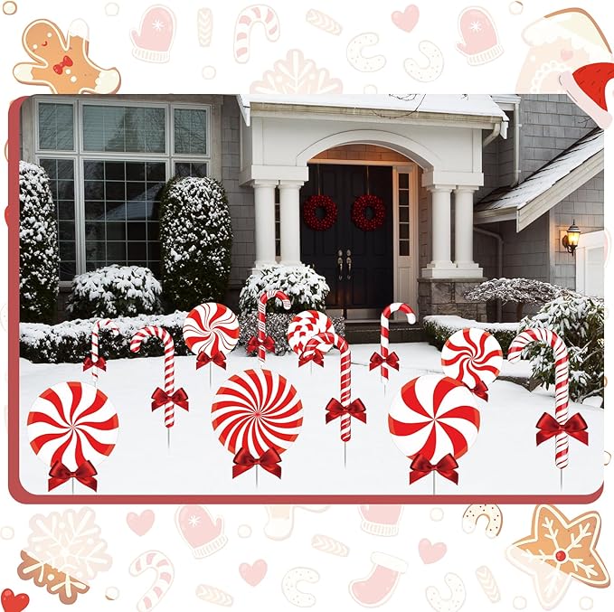 Glenmal 12 Pcs Christmas Yard Decor Outdoor Peppermint and Candy Cane Yard Decorations with Stakes Waterproof Xmas Garden Lawn Pathway Decorations Christmas Decor Outside(Red Peppermint)