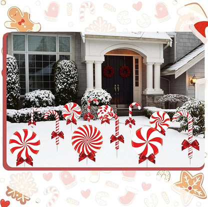 Glenmal 12 Pcs Christmas Yard Decor Outdoor Peppermint and Candy Cane Yard Decorations with Stakes Waterproof Xmas Garden Lawn Pathway Decorations Christmas Decor Outside(Red Peppermint)
