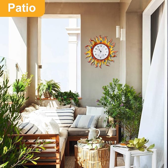 shumi Sun Outdoor Clock, Wall Clock with Temperature Waterproof, Silent Non-Ticking Outside Clocks for Patio Garden Pool Living Room Home