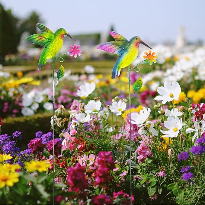 Hummingbird Metal Garden Stakes – 2 Pcs Vibrant Yard Decor with Colorful Design – Durable Lawn Outdoor Plant Picks for Flower Beds, Pathways, or Plant Pots – Great Gift for Garden & Nature Lovers