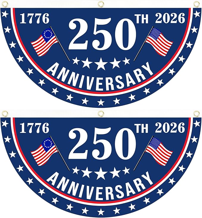 2PCS USA Anniversary 250th Flag, 1.5X3 FT Anniversary Fan Flags, Yard Signs Hanging Decor for Outdoor, Front Door, Porch, Welcome Backdrop with Brass Grommets (Style 1)