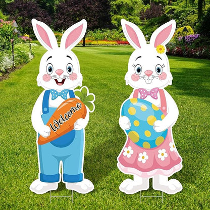 2Pcs Easter Yard Signs 32.28x12.4 Inch Large Bunny Lawn Decorations with Stakes for Egg Hunt Photography, Easter Outdoor, Garden, Lawn Party Waterproof Decorations