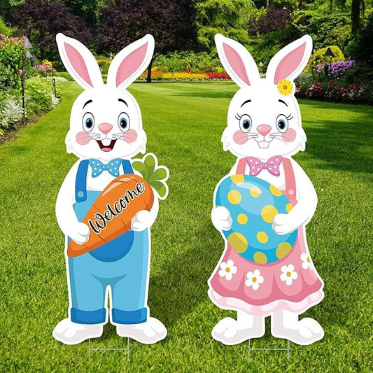 2Pcs Easter Yard Signs 32.28x12.4 Inch Large Bunny Lawn Decorations with Stakes for Egg Hunt Photography, Easter Outdoor, Garden, Lawn Party Waterproof Decorations