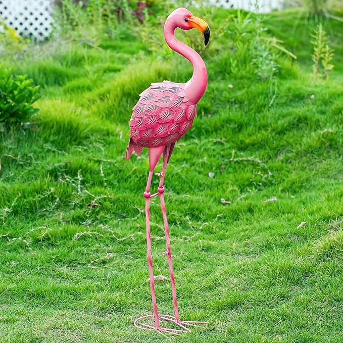 Pink Flamingo Garden Statue Outdoor Decoration, Metal Yard Art Lawn Ornament, Suitable for Backyard Pond, Patio, Porch Outdoor Decor (Large Size)