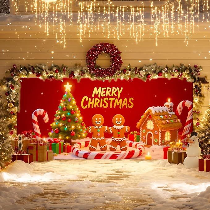 IVN Christmas Gingerbread Garage Door Banner 6x13 ft Holiday Backdrop with Cookies Tree Gifts Garage Door Covers Decorative Garage Door Cover Mural for Outdoor Decor