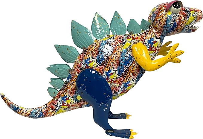 Colorful Metal Stegosaurus Dinosaur Garden Statue - Abstract Graffiti Pattern, Patio and Lawn Sculpture Ornament Yard Art, Indoor Home Decoration, Outdoor Fun