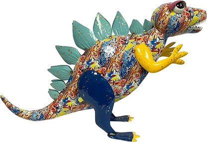 Colorful Metal Stegosaurus Dinosaur Garden Statue - Abstract Graffiti Pattern, Patio and Lawn Sculpture Ornament Yard Art, Indoor Home Decoration, Outdoor Fun