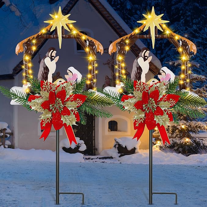 Moukeren 2 Pcs 2 Pcs 3.5ft Nativity Scene Outdoor Yard Stakes, Solar Lighted Outdoor Metal Christmas Nativity Scene Decoration for Christmas Holiday Lawn Garden Yard Decoration (Vivid)