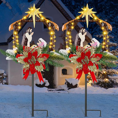 Moukeren 2 Pcs 2 Pcs 3.5ft Nativity Scene Outdoor Yard Stakes, Solar Lighted Outdoor Metal Christmas Nativity Scene Decoration for Christmas Holiday Lawn Garden Yard Decoration (Vivid)