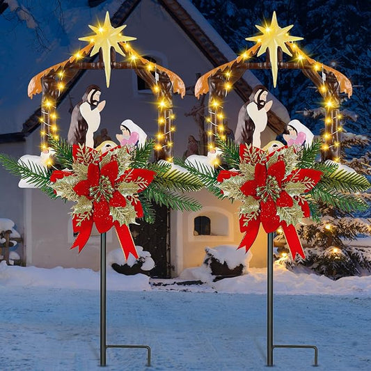 Moukeren 2 Pcs 2 Pcs 3.5ft Nativity Scene Outdoor Yard Stakes, Solar Lighted Outdoor Metal Christmas Nativity Scene Decoration for Christmas Holiday Lawn Garden Yard Decoration (Vivid)