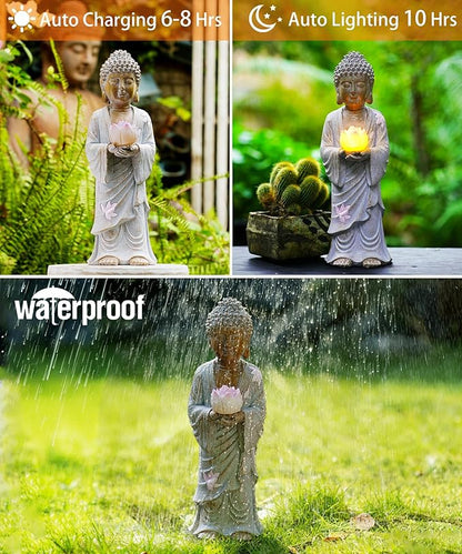 Nacome Solar Buddha Garden Statues with Lotus Flower: Resin Zen Decor Waterproof Sculpture Outdoor Light Design for Outside Patio Lawn Yard Balcony - 14.6 inches(White)