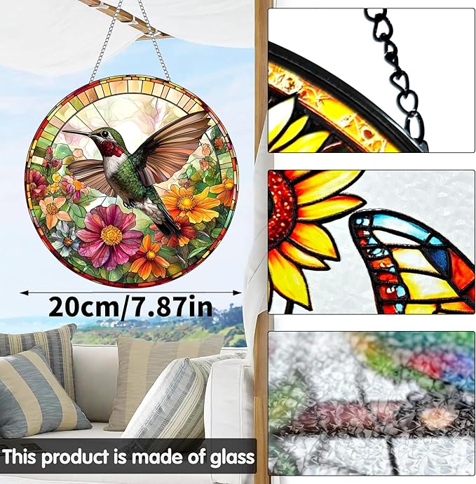 VAIIEYO Hummingbird Sun Catcher Stained Glass Window Hanging Ornament, Handmade Sun Catcher Animal Decoration with Hooks for Window Garden Home, Mother's Day & Birthday Housewarming Gift (7.8 inch)