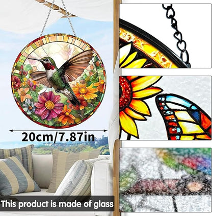 VAIIEYO Hummingbird Sun Catcher Stained Glass Window Hanging Ornament, Handmade Sun Catcher Animal Decoration with Hooks for Window Garden Home, Mother's Day & Birthday Housewarming Gift (7.8 inch)