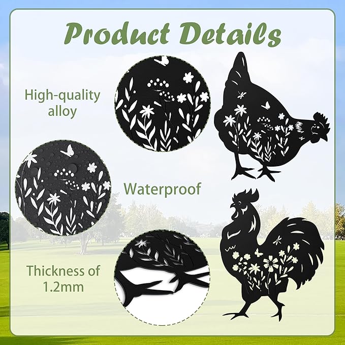 Romart Chicken Silhouette Garden Stakes Decorations - 6 Pcs Metal Chicken Animals Statues, Black Rustic Animal Sculpture Set, Yard Art for Outdoor Garden & Patio Lawn