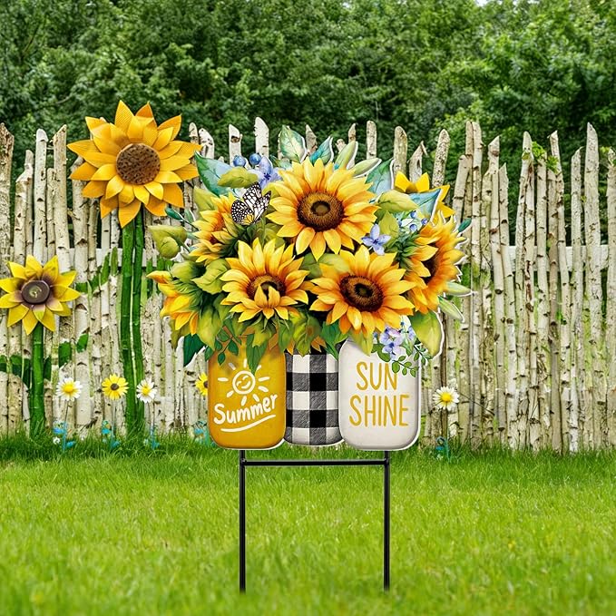 Amyhill Summer Sunflower Outdoor Decor Metal Garden Stakes 25 Inch Summer Welcome Yard Signs Decorations Outdoor Sunflower Decorative Garden Stakes Patio Lawn Walkway Backyard Porch Decorations