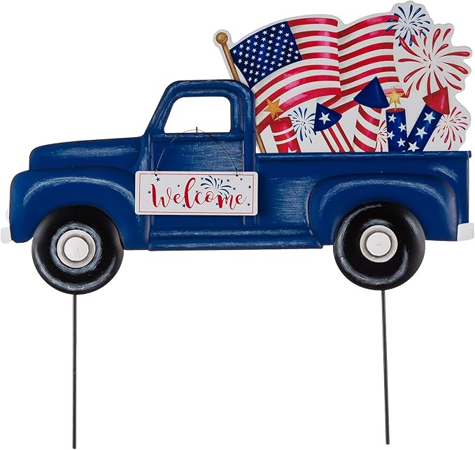 Glitzhome 23.75" H Metal Truck Patriotic Garden Yard Signs with Stake, 4th of July Welcome American Holiday Wall Outdoor Backyard Party Patriot's Day Decon